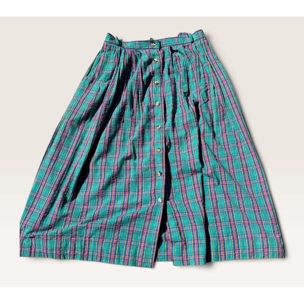 Vintage Plaid Tartan Cotton Midi Skirt Size 12 Pleated Button Front